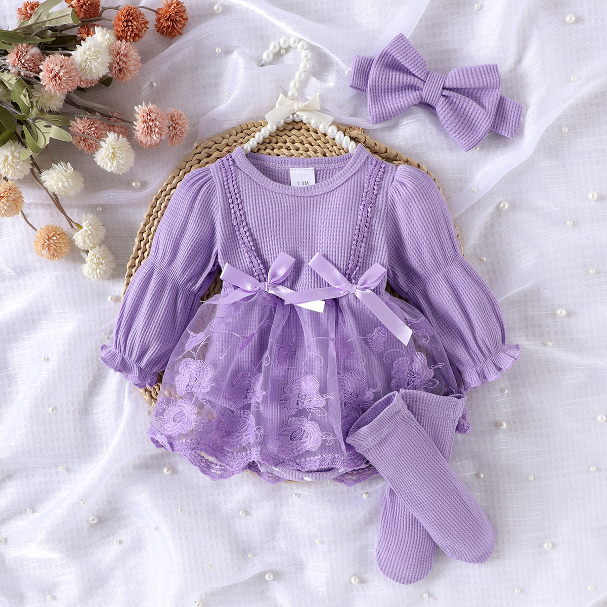Amazon foreign trade baby and children's clothing European and American style spring and autumn long sleeved splicing mesh bag fart jacket+foot socks+headband