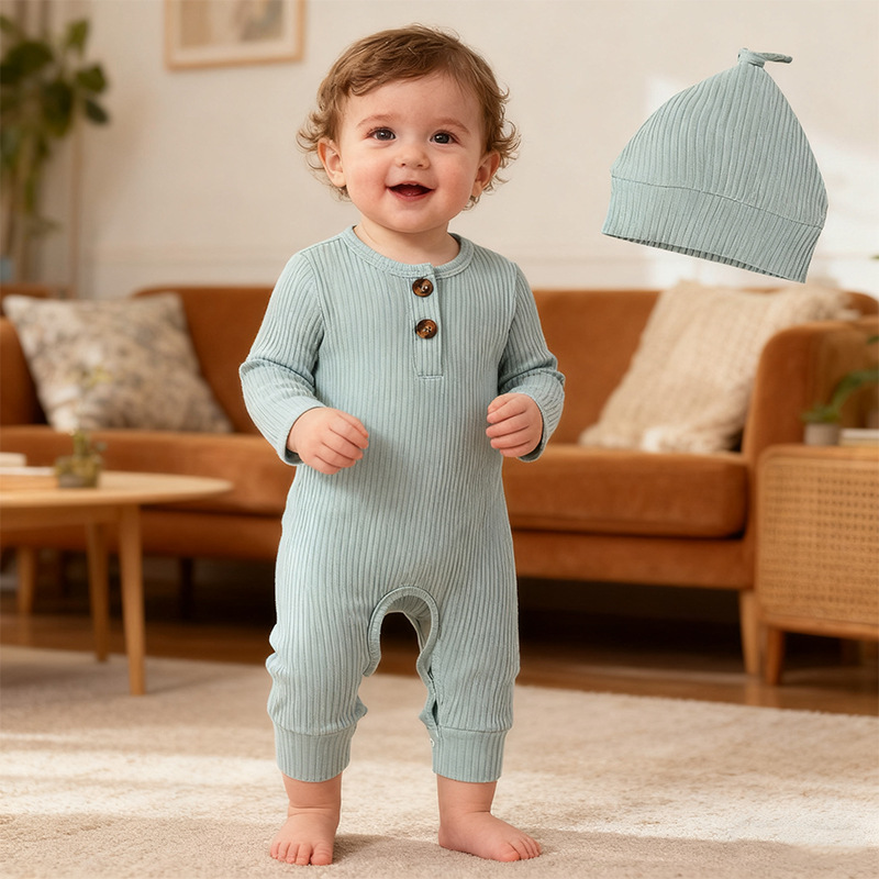 Cross border exclusive baby pit bar knitted jumpsuit set with hat, newborn cotton hoodie, available in multiple colors