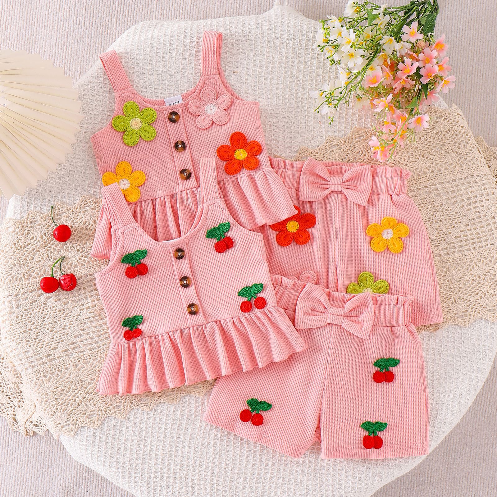 Girl's Pink Waffle Set Embroidered Strap Bow Shorts Two Piece Set Sweet Summer Dress for Baby Girls