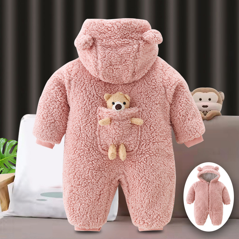 Baby winter jumpsuit cute with thick lamb wool newborn clothes autumn and winter baby outdoor cotton clothes
