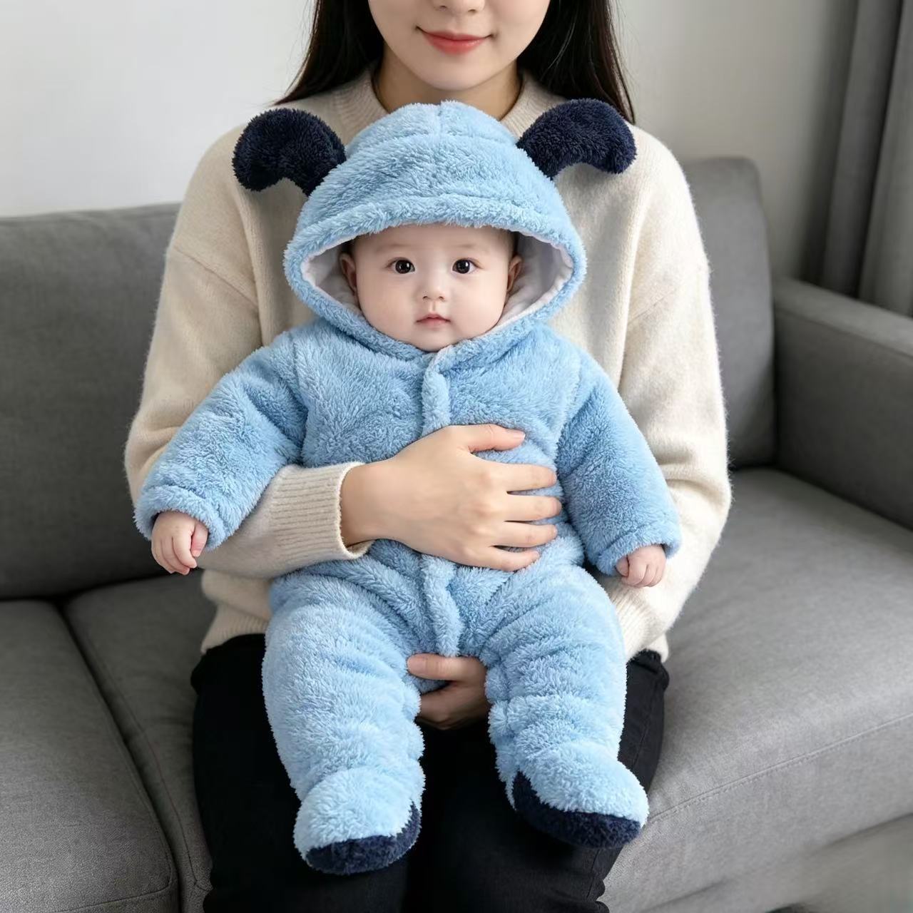Baby jumpsuit for spring, autumn, and winter, double-layer plush crawling clothes for men and women, warm clothes for babies, hooded outdoor wear