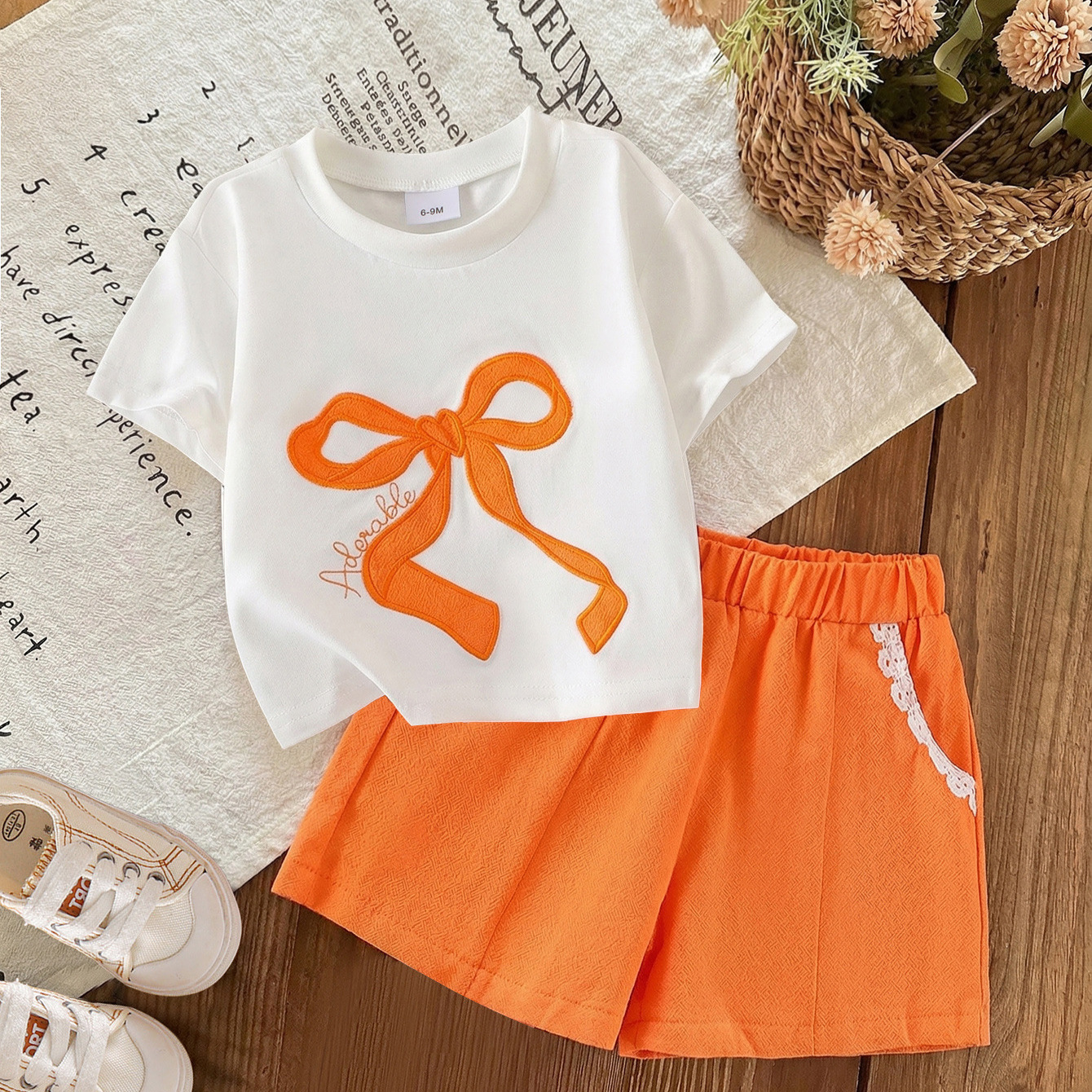 Girl's Orange Bow Embroidery Set White T-shirt Lace Edge Shorts Two Piece Set Baby Girl Summer Sweet