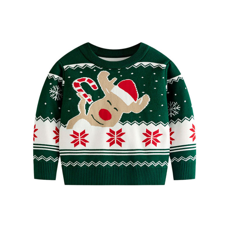 Christmas Parent Child Sweater Elk Cane Sugar Snowflake Maple Leaf Jacquard Round Neck Long Sleeve Knitted Sweater Holiday Top