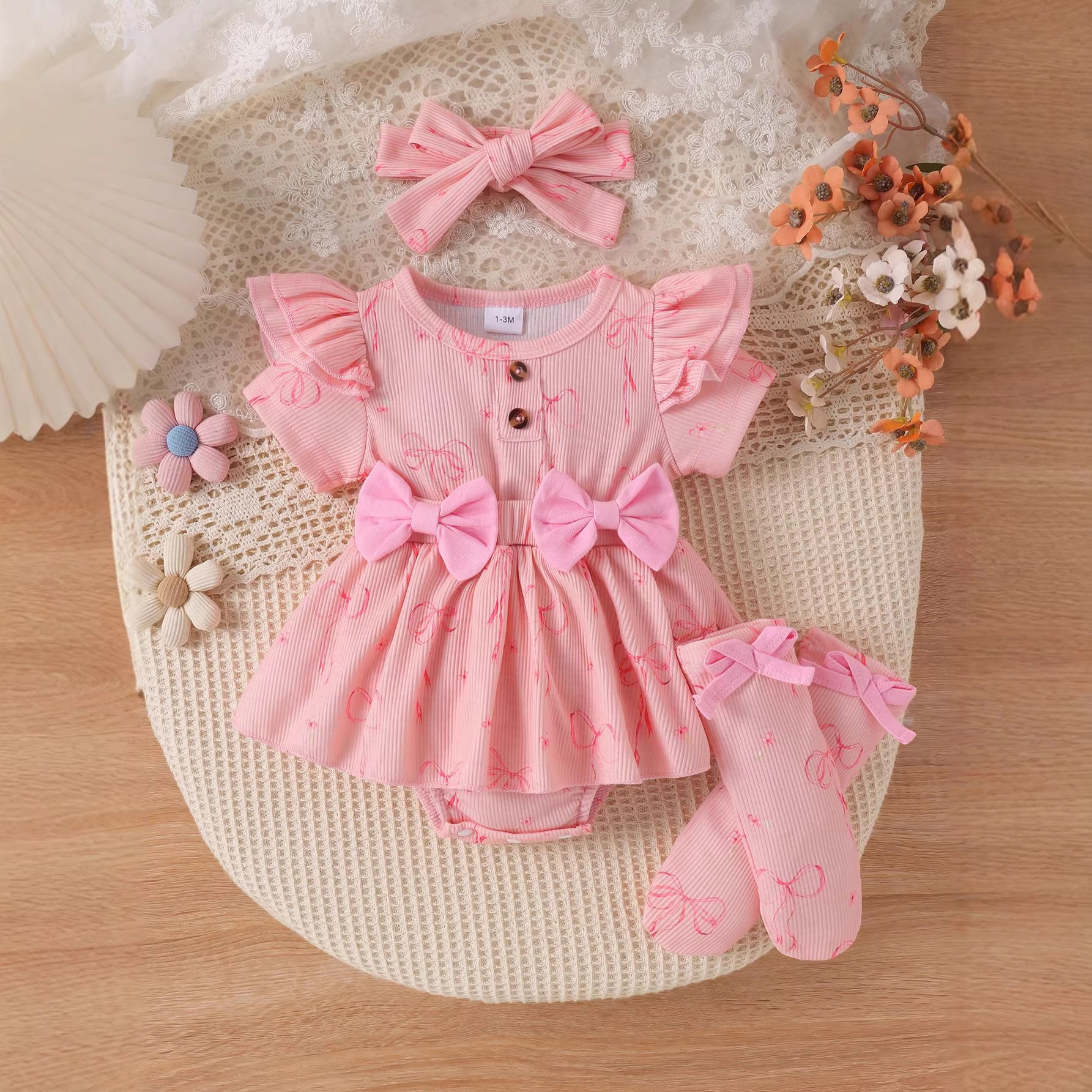 Baby Summer Sweet Three Piece Set with Pit Strips, Bow Wraps, Butt Clothes, Same Color Socks, Hair Straps, Baby Outerwear