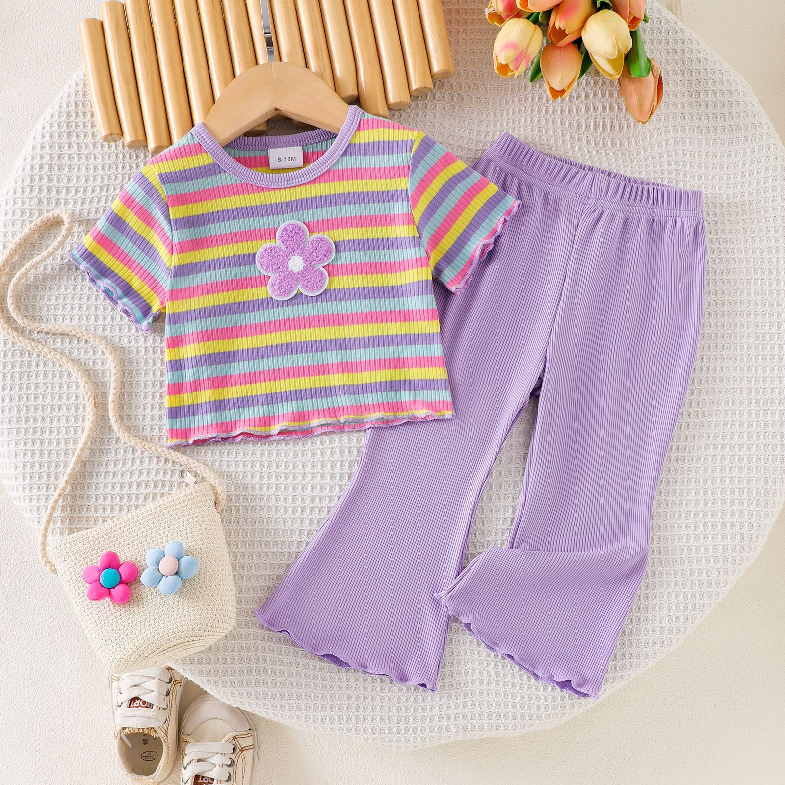 Girls' Rainbow Stripe Set, Three Dimensional Flower Pit Pattern Short Sleeve, Purple Flared Pants, Two Piece Set, Sweet Summer Dressing