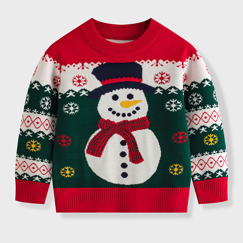 Christmas parent-child sweater with red and green contrasting colors, wearing a gift hat, snowman, snowflake jacquard round neck long sleeved knit sweater, creating an atmosphere