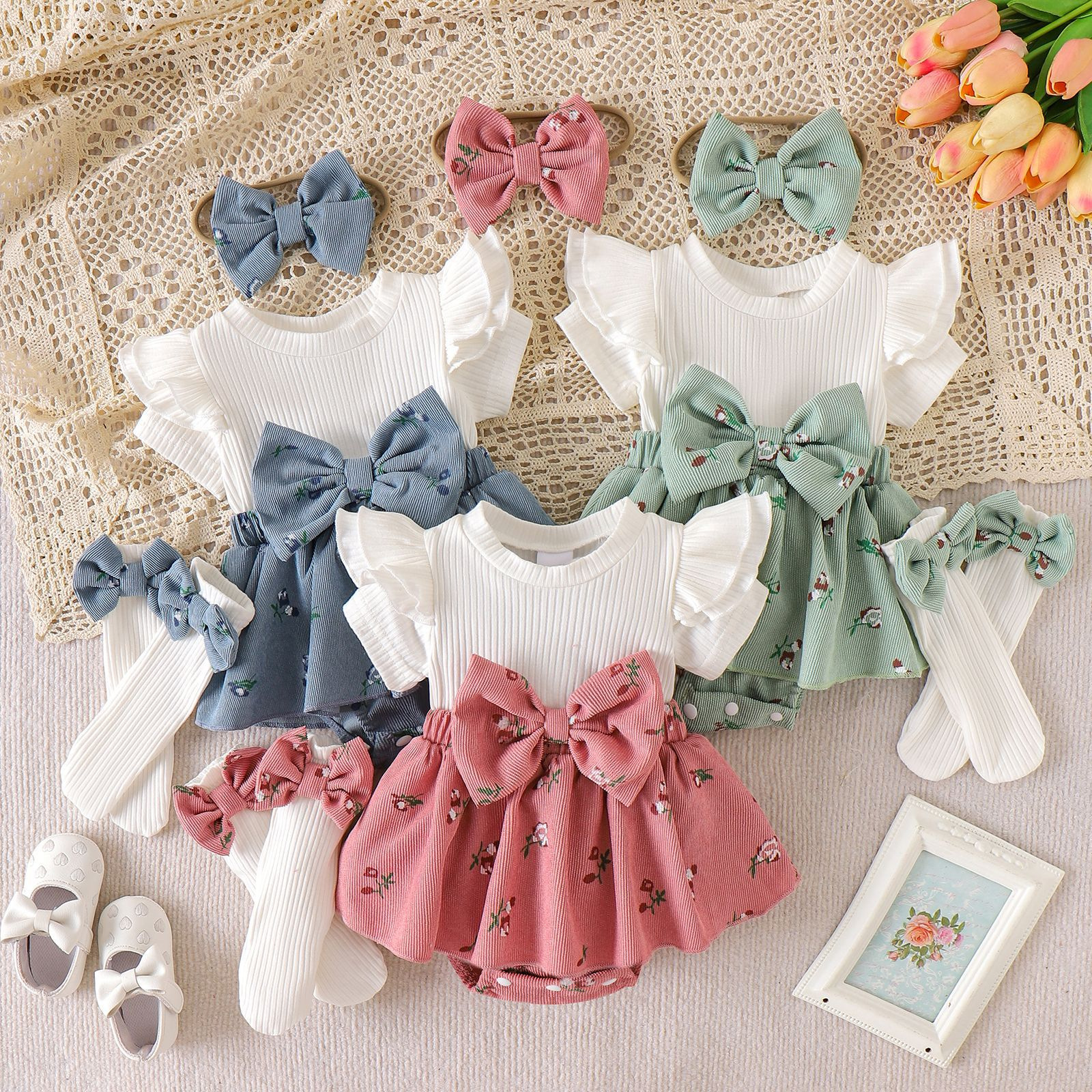 Newborn gentle style set with multi-color floral large bow, wrapped fart clothes, sock covers, baby stylish outfit