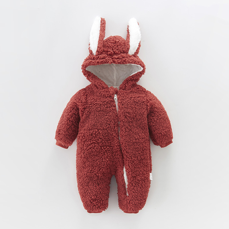 Baby jumpsuit, thickened autumn and winter clothes, warm rabbit ears, baby clothes, newborn clothes set, outdoor hugging clothes