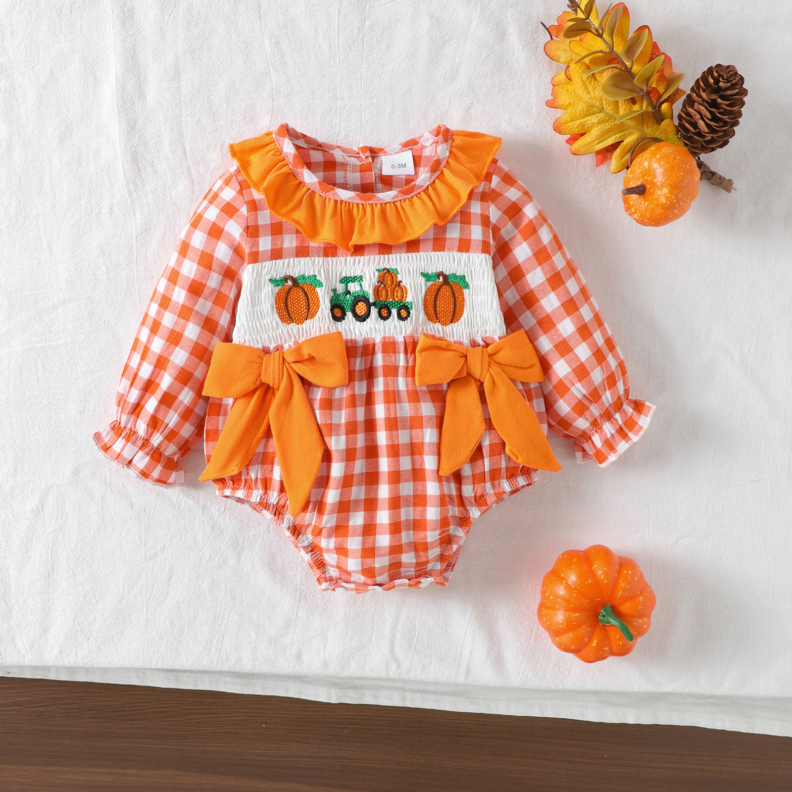 Foreign trade children's clothing, cute baby girl, pumpkin car pattern, long sleeved butterfly bow checkered shirt