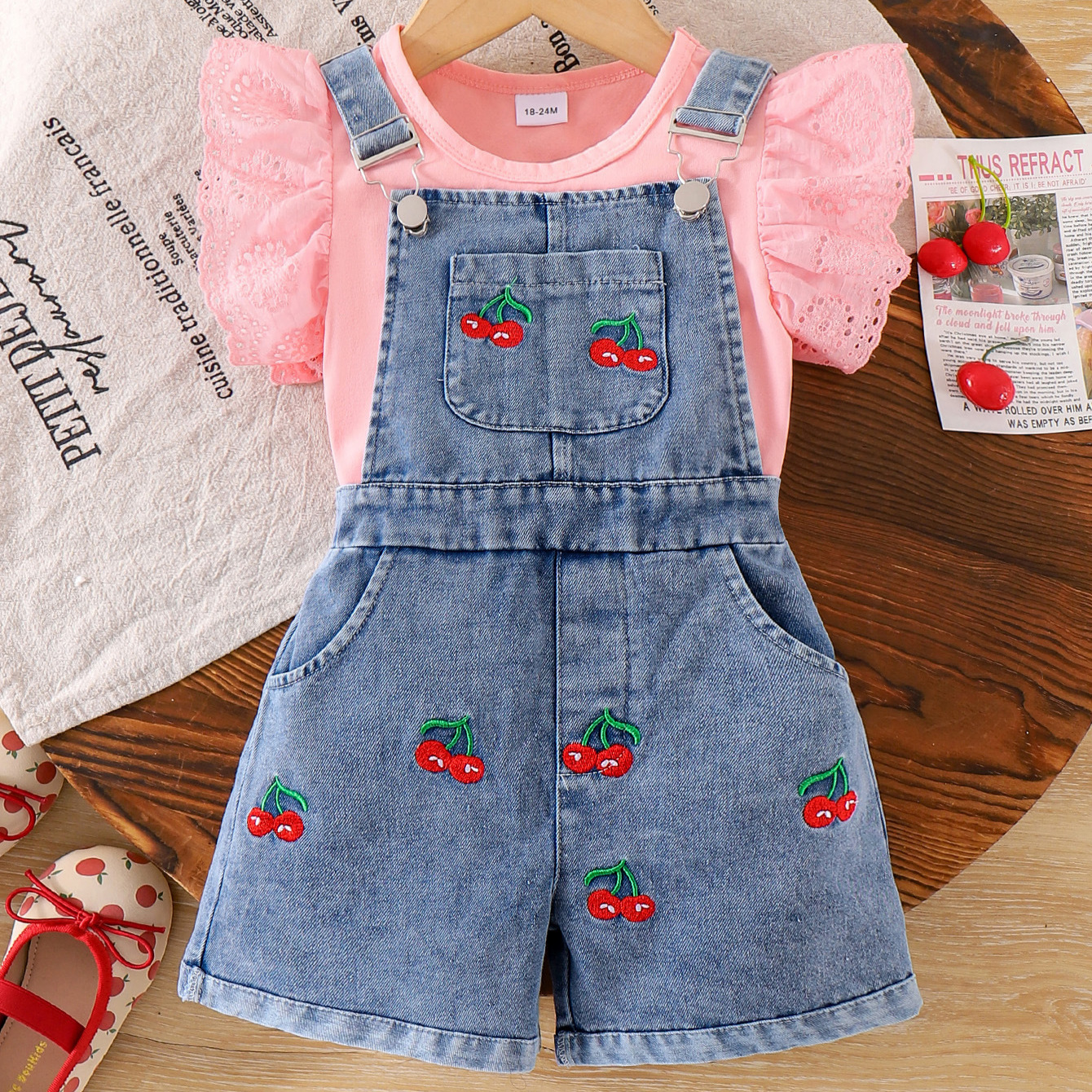 Girls' Cherry Embroidered Strap Pants Set Pink Flying Sleeve T-shirt Cowboy Strap Shorts Sweet Summer Dressing