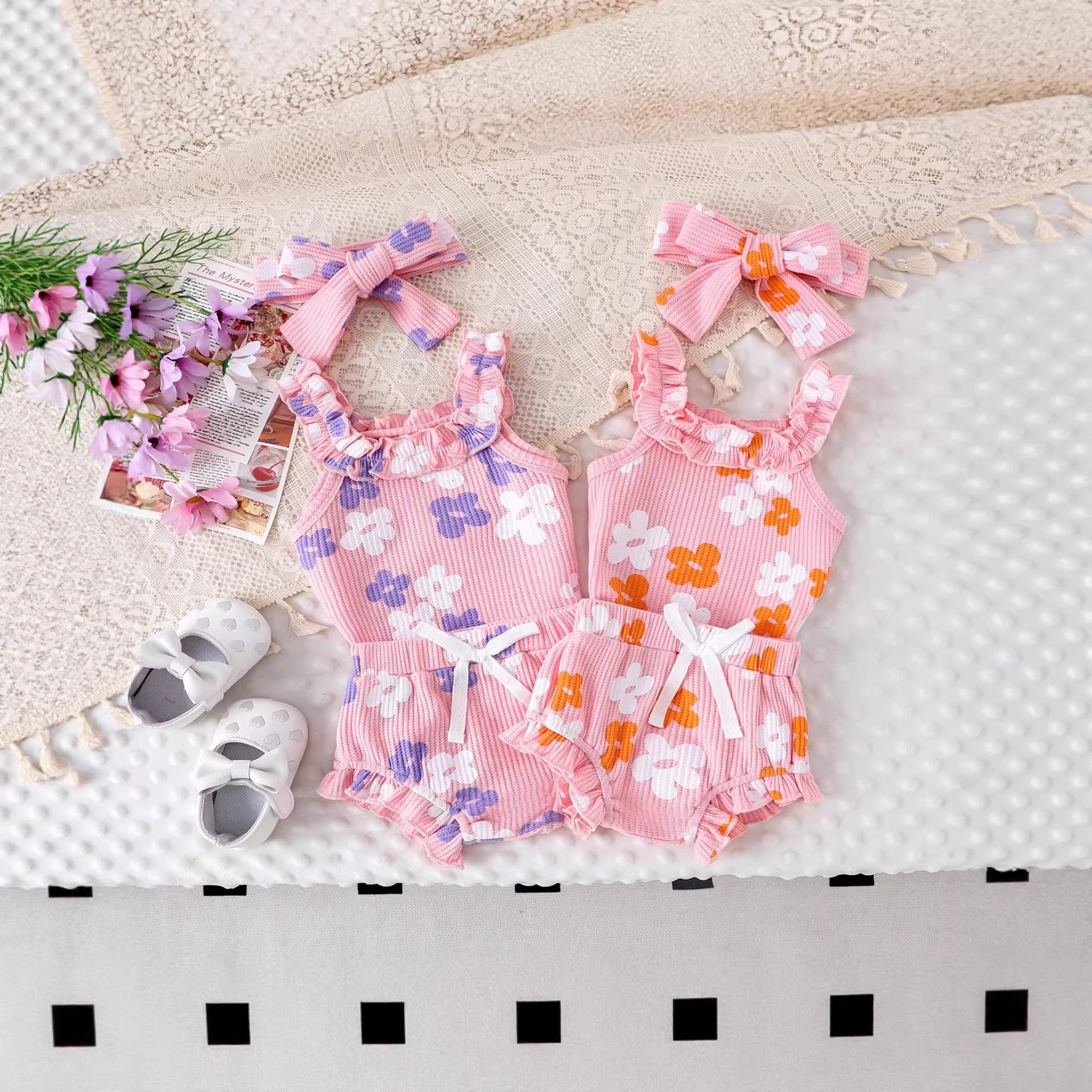 Baby Sweet Fragmented Flower Ha Yi Lotus Leaf Edge Sleeveless Bag Butt Clothes Hair Strap Newborn Summer Clothes