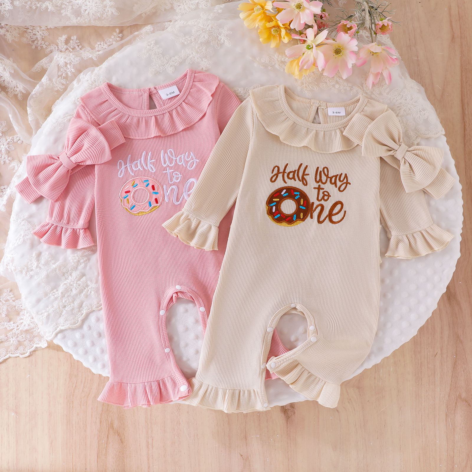 Half Way To One Doughnut themed long sleeved sweatshirt with a waffle collar jumpsuit