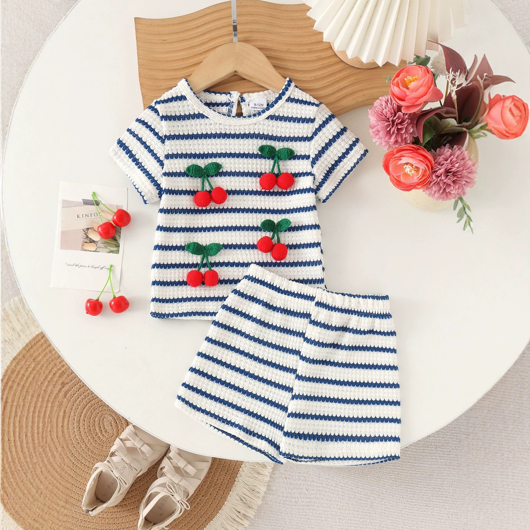 Baby girl blue and white striped hollow knitted cherry round neck short sleeved loose shorts summer breathable casual set
