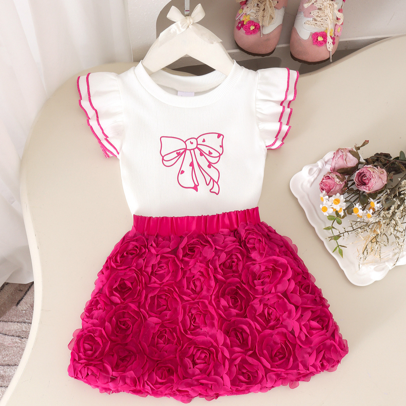 Girl's Rose Puff Dress with Flying Sleeves, Butterfly Knot Print, Pit Pattern Top, Three Dimensional Rose Yarn Skirt, Summer