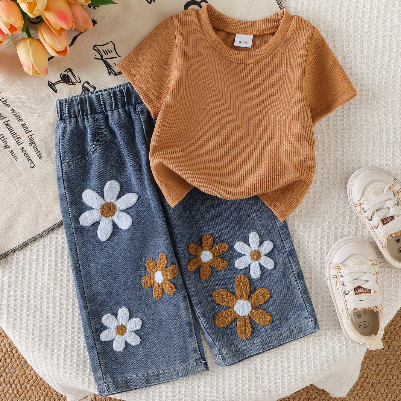 Nubao Fresh Countryside Style Set Caramel Pit Pattern T-shirt Daisy Cowboy Straight Leg Pants Children's Summer Wear