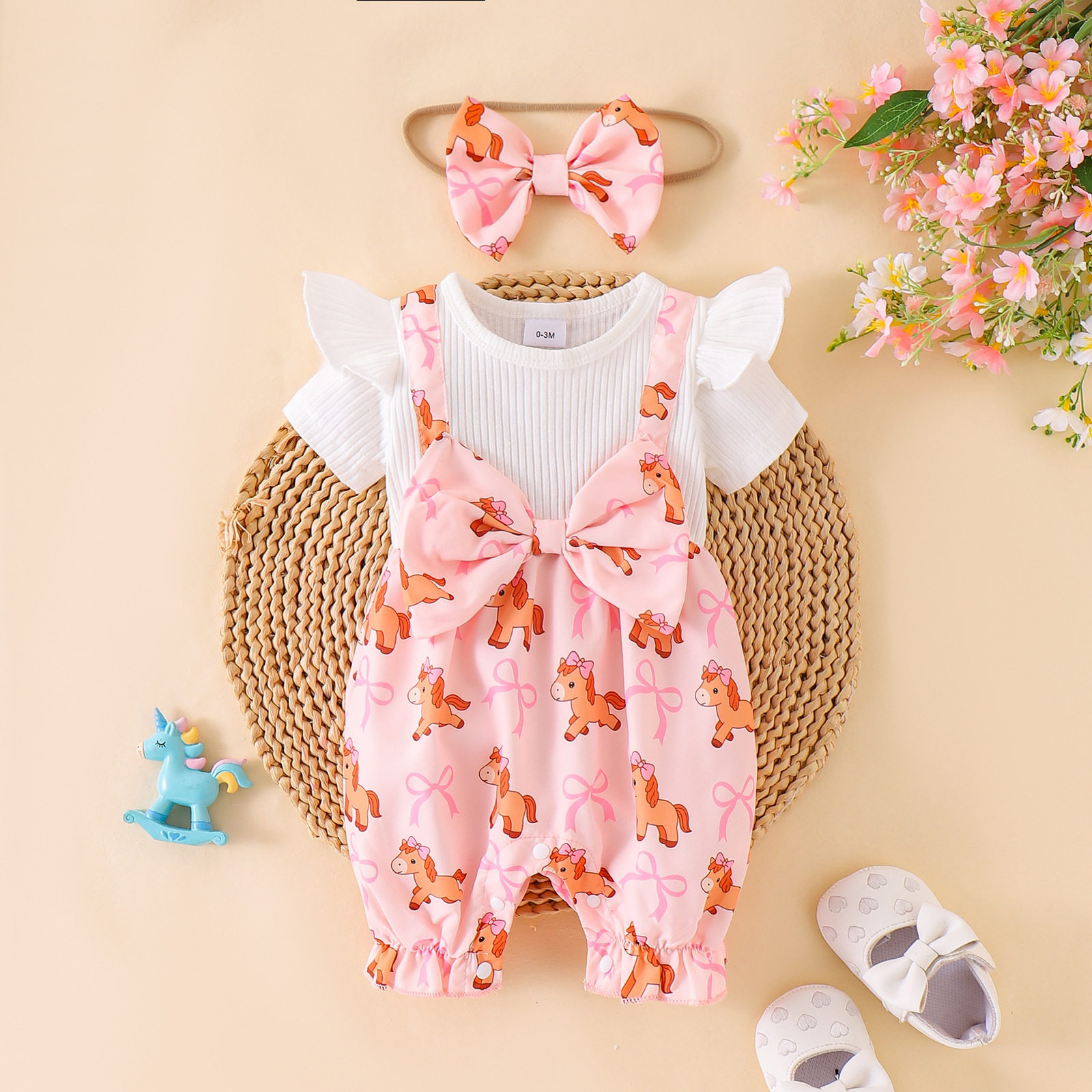 Newborn Sweet Wind Two Piece Set Pink Pony Full Print Fake Two piece Strap Clothes Baby Outing Photo Clothes