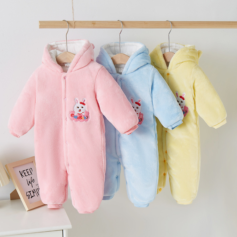 Manufacturer direct sales hooded hoodie, thick cartoon baby crawling clothes, baby jumpsuit, outdoor clothes, autumn and winter thick