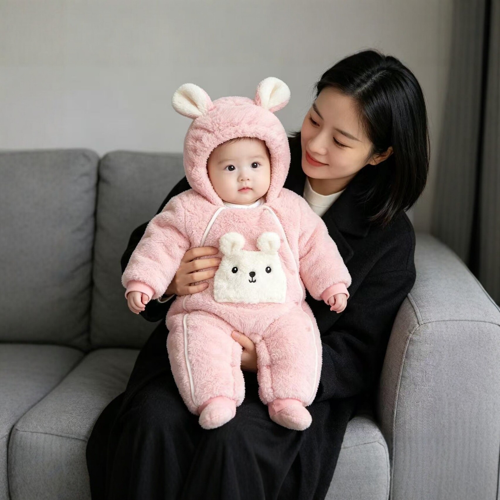 Baby jumpsuit, autumn and winter clothes, thick plush crawling clothes, newborn outdoor clothes, cute rabbit shaped baby boys and girls