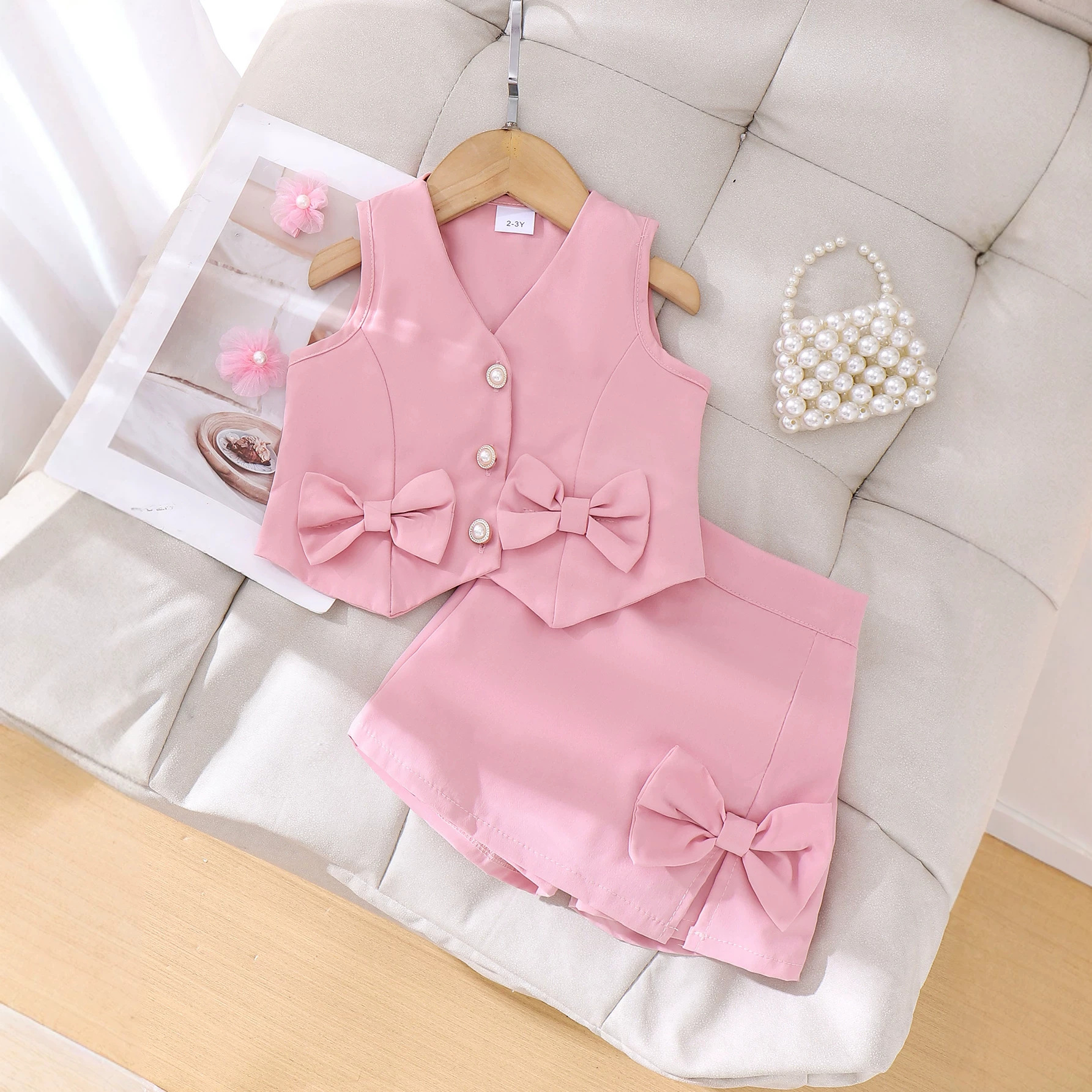 Girl's Bow Small Fragrant Wind Set Pink Vest Short Skirt Two piece Set Elegant Summer Dressing for Baby Girls