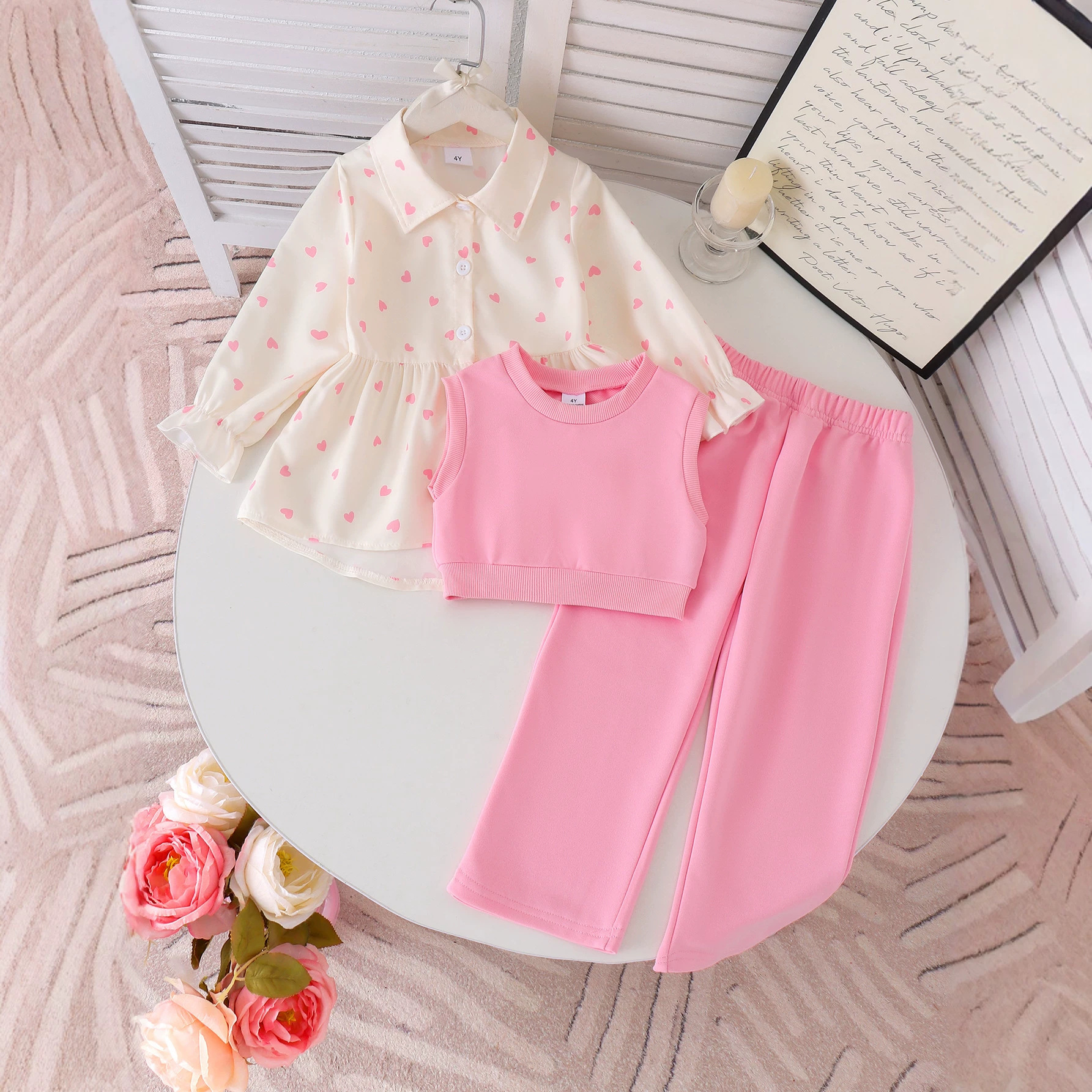 Girl's gentle little heart lapel ruffle sleeve shirt, short vest, straight leg pants, spring and autumn layered casual suit