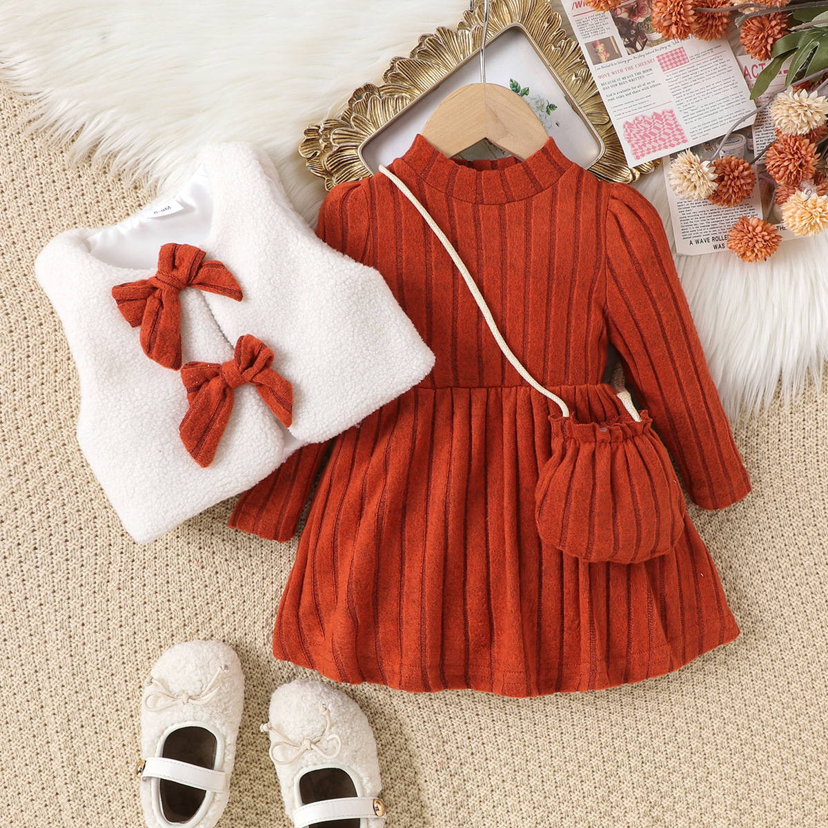 Baby girl orange red set with pit stripe long sleeved dress, white plush bow vest crossbody bag, autumn and winter