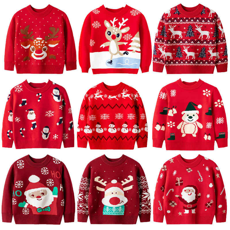 Children's clothing 2024 autumn and winter European and American Christmas cartoon round neck sweater for children, boys and girls, elastic pullover knitted sweater