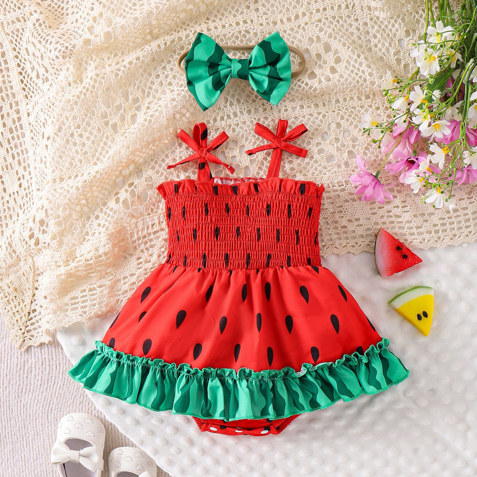 Summer style baby set with watermelon print suspender bag, fart skirt, headband, and a sweet summer two-piece set for women