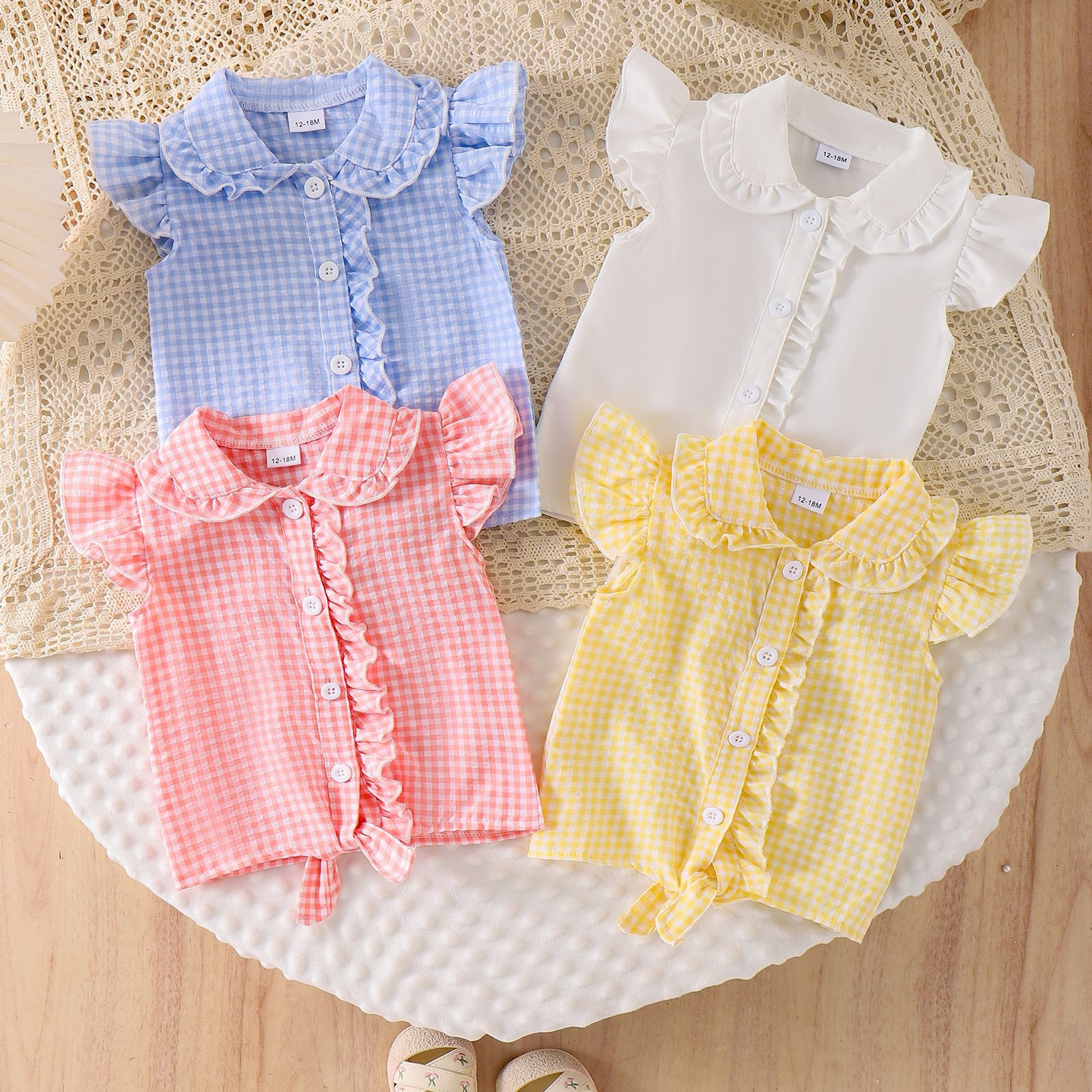 Girl's ruffled doll collar shirt with multicolored plaid solid color fly sleeve top, sweet summer shirt for baby girls