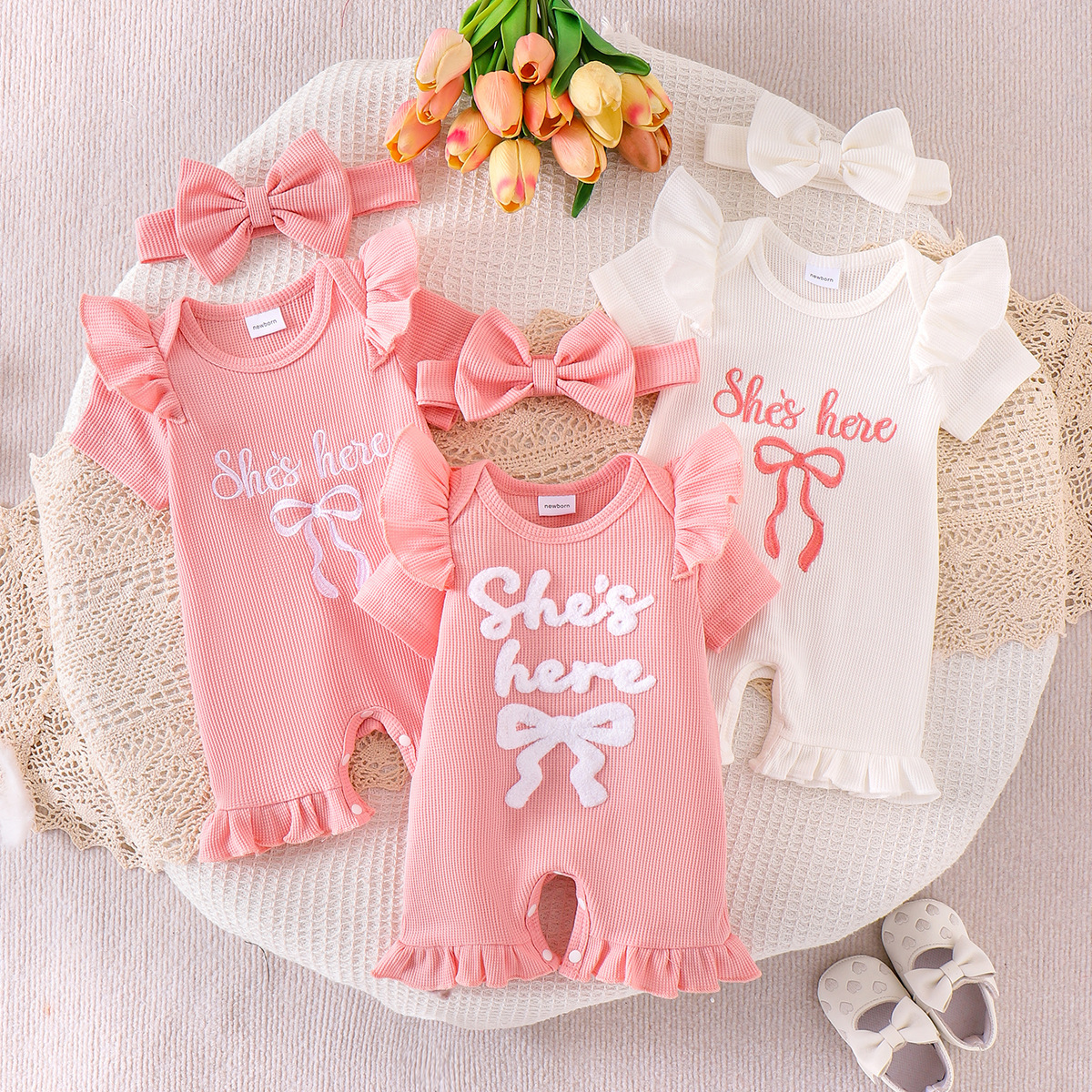 Sweet Wind Two Piece Set with Pit Pattern, Lotus Leaf Edge, Short Sleeve, Ha Yi, Butterfly Bow Hair, Baby Dressing