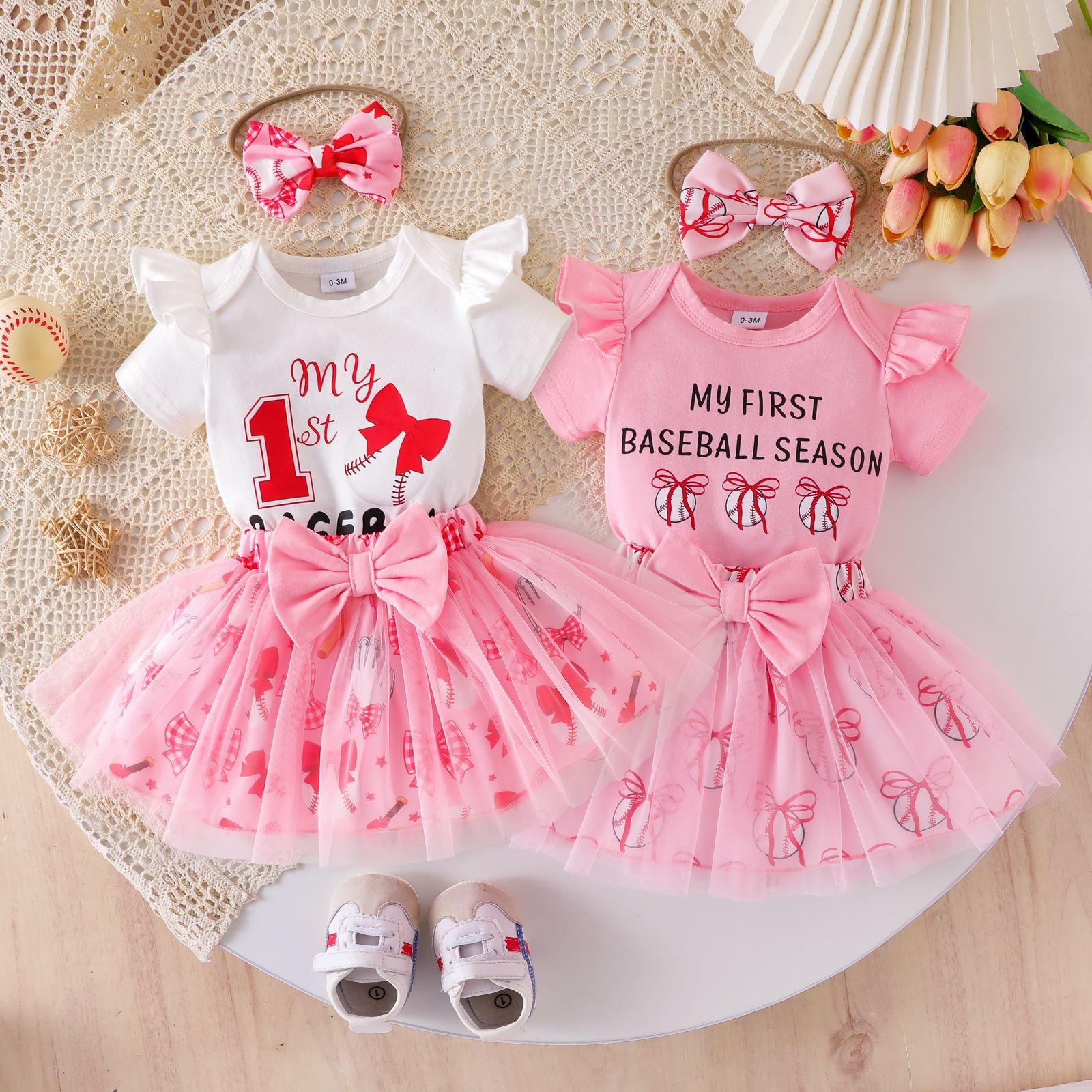 Girl Baby Baseball Theme Three Piece Set Flying Sleeves Ha Clothes Mesh Puffy Skirt Girl Baby's First Baseball Season