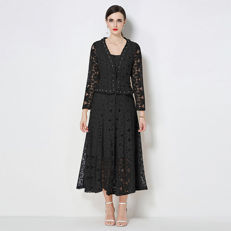 Water soluble lace slim fit sleeveless long skirt with ruffled edges and high waisted coat for elegant socialite two-piece set Water soluble lace slim fit sleeveless long skirt with ruffled edges and high waisted coat for elegant socialite two-piece set