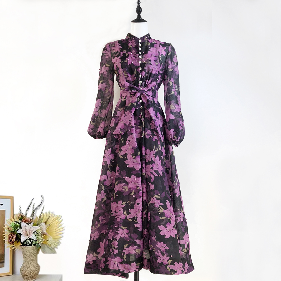 Australian retro print stand up collar lantern sleeves long sleeves heavy studded diamonds elegant socialite temperament two-piece dress long Australian retro print stand up collar lantern sleeves long sleeves heavy studded diamonds elegant socialite temperament two-piece dress long