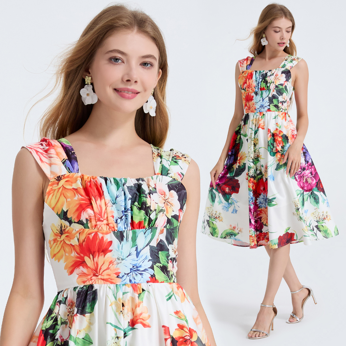 Realistic oil painted floral high waist pleated camisole slim fit dress with square neck and large swing A-line skirt