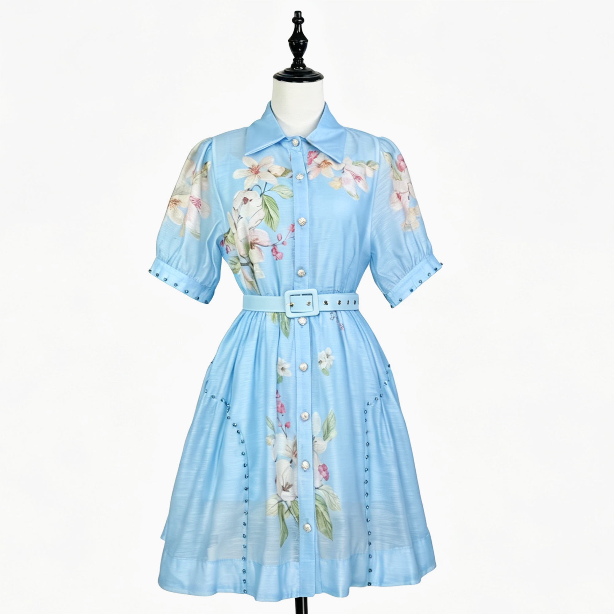 Summer New French Elegant Style Flip Collar Shirt Sleeve Single breasted Pattern Printed Lace up Large Swing Shirt Short Skirt Summer New French Elegant Style Flip Collar Shirt Sleeve Single breasted Pattern Printed Lace up Large Swing Shirt Short Skirt