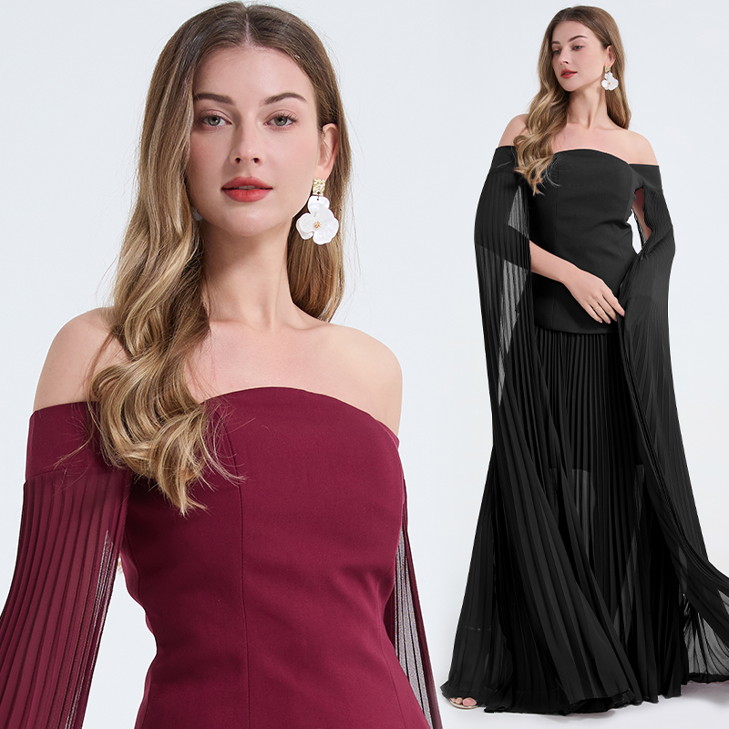 Real shot elegant temperament, flowing one shoulder strapless top+high waisted folded skirt, fashionable two-piece set