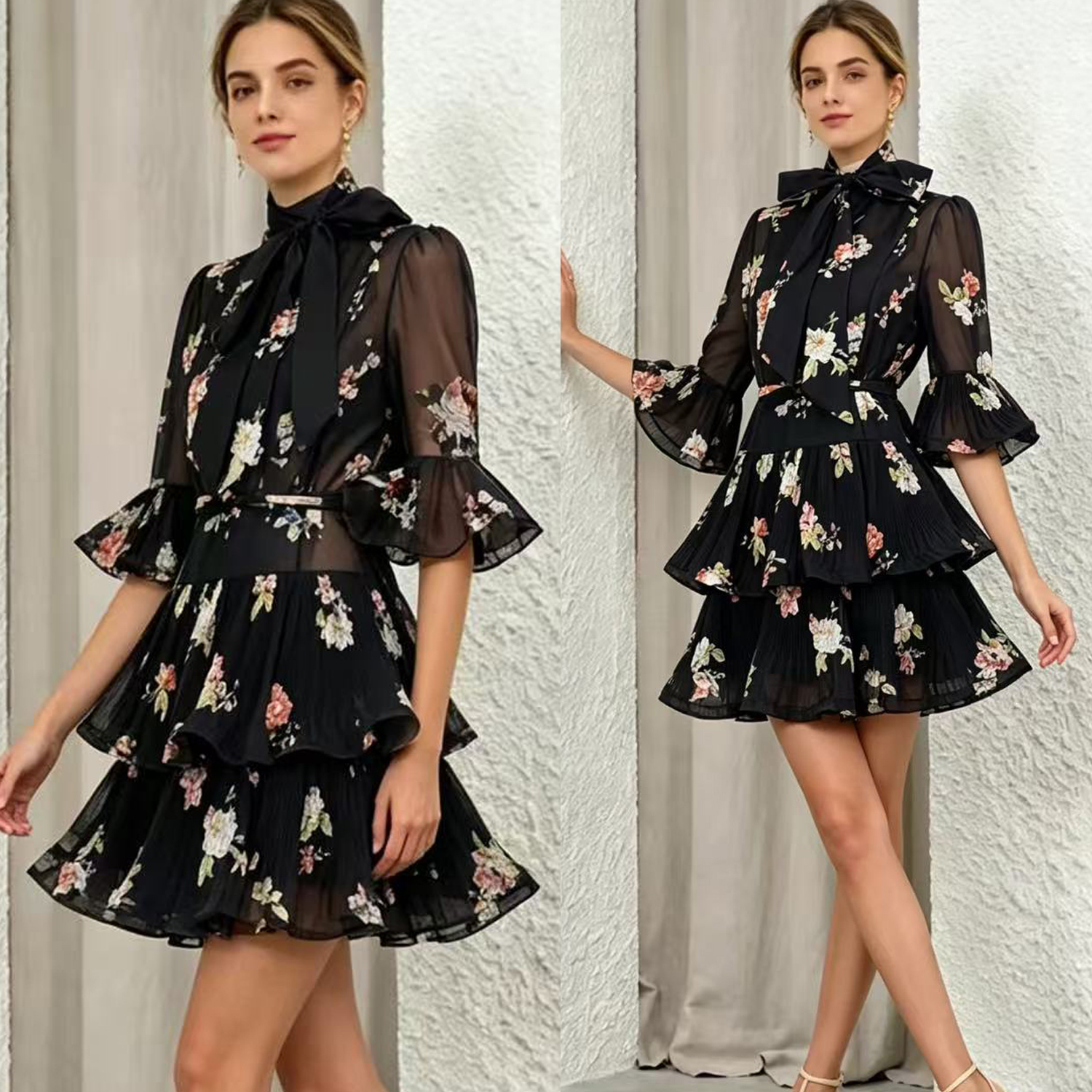 Z Home Australia High end Customized 26 Autumn/Winter Vacation New Printed Layered Bow Decorative Cake Skirt Dress Z Home Australia High end Customized 26 Autumn/Winter Vacation New Printed Layered Bow Decorative Cake Skirt Dress
