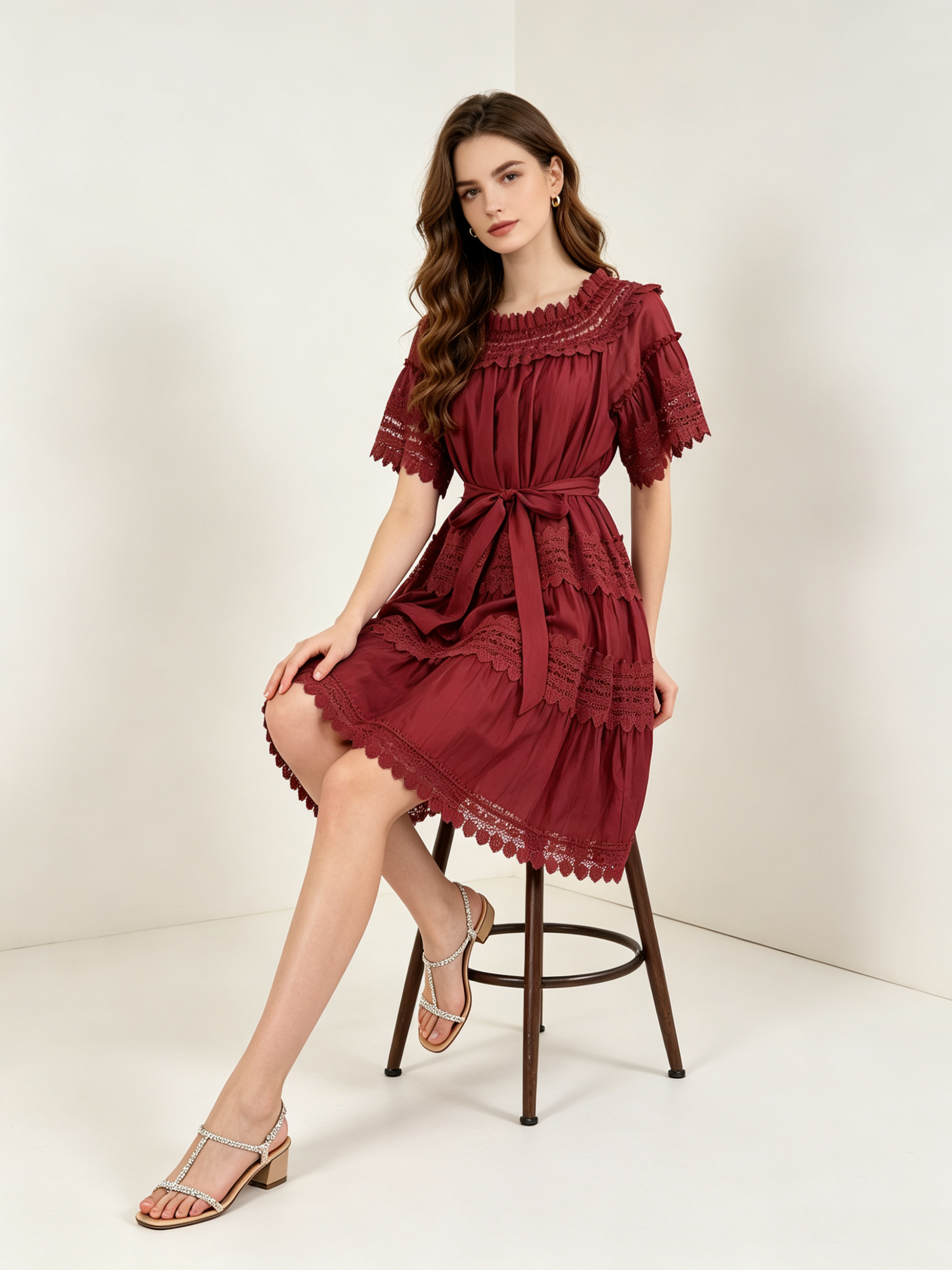 French court style embroidered hollow short sleeved one shoulder large swing skirt with waist cinching and tie up khaki A-line skirt short skirt French court style embroidered hollow short sleeved one shoulder large swing skirt with waist cinching and tie up khaki A-line skirt short skirt