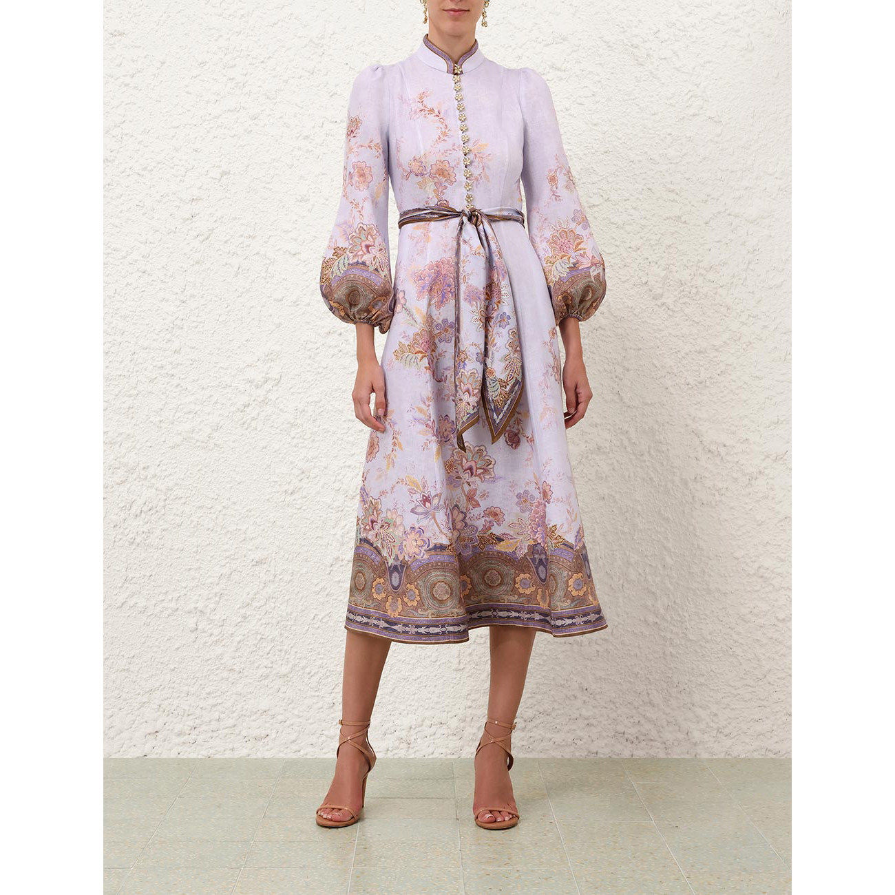 Australian Z family early autumn black floral lantern long sleeved stand collar linen lace up shirt jumpsuit medium long dress Australian Z family early autumn black floral lantern long sleeved stand collar linen lace up shirt jumpsuit medium long dress
