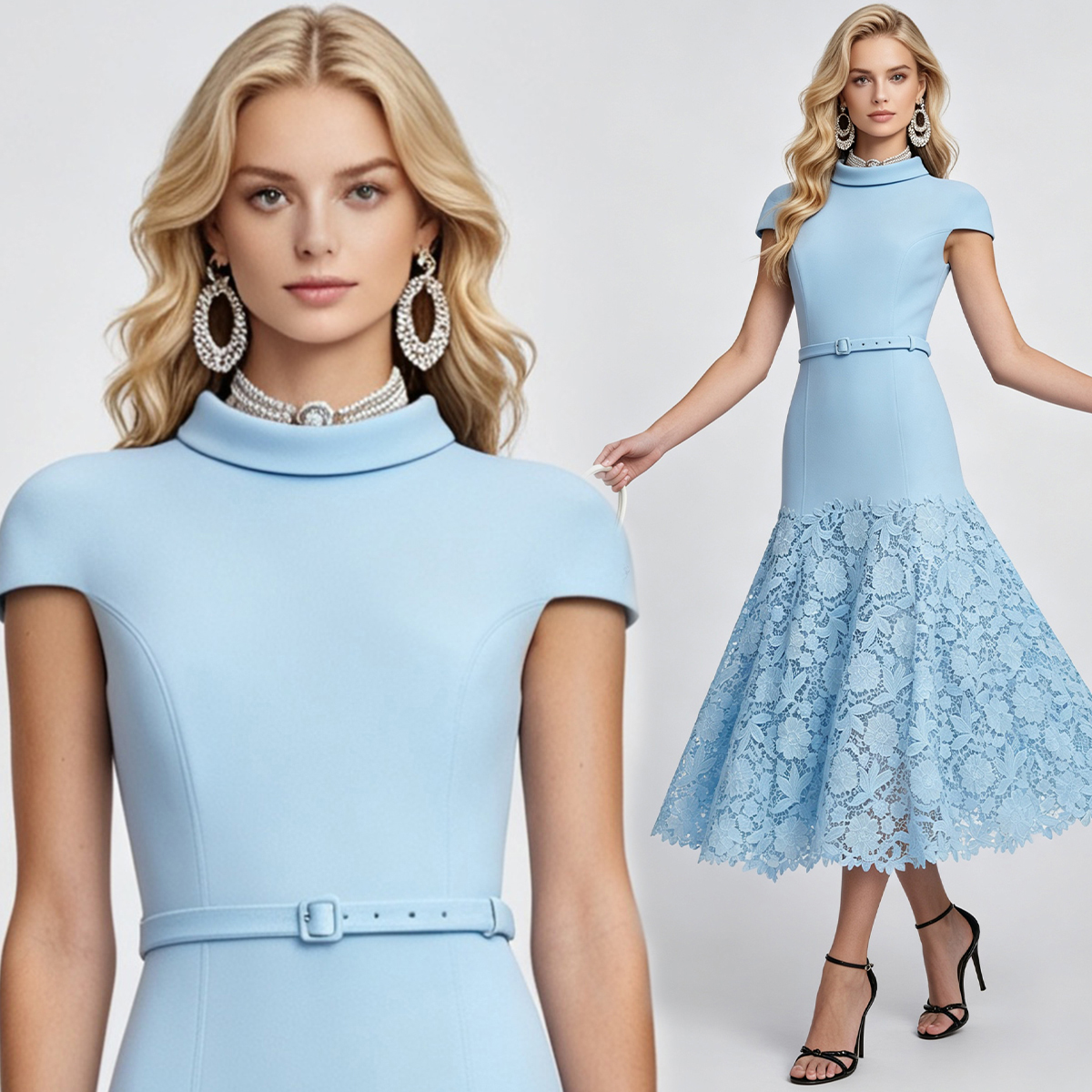 Fashionable three-dimensional small lapel slim fit high waist lace patchwork dress with waist bag, buttocks, fish tail long skirt