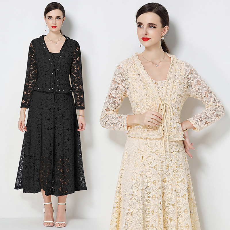 Water soluble lace slim fit sleeveless long skirt with ruffled edges and high waisted coat for elegant socialite two-piece set