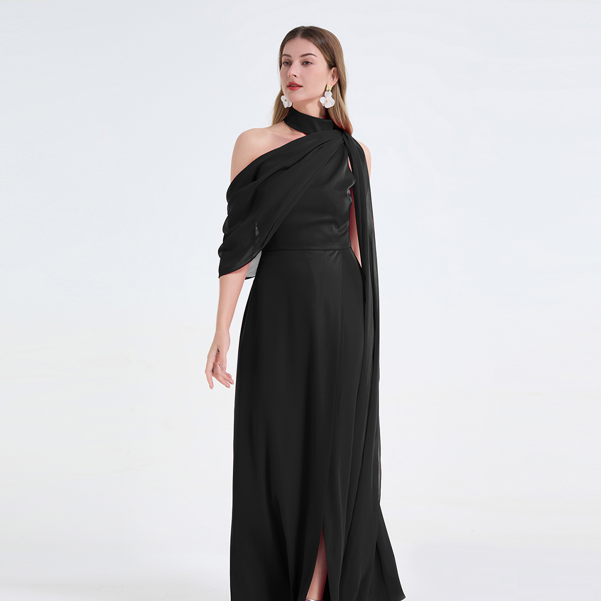 Real shot sexy slanted shoulder patchwork hanging neck high waist slit dress with elegant temperament slit dress Real shot sexy slanted shoulder patchwork hanging neck high waist slit dress with elegant temperament slit dress