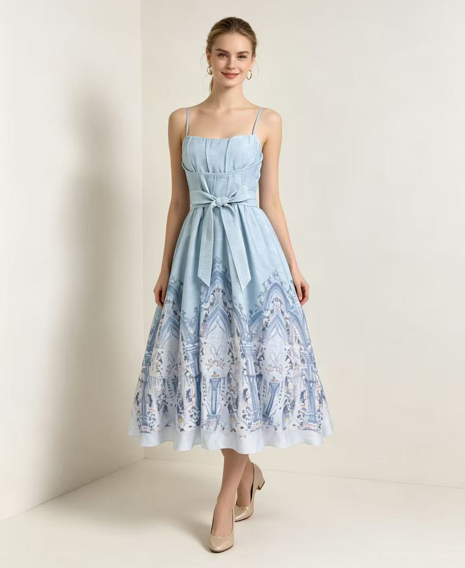New retro printed sleeveless camisole high waisted dress for 2026 summer in Australia, suitable for vacation, large display, tea break, and long skirt New retro printed sleeveless camisole high waisted dress for 2026 summer in Australia, suitable for vacation, large display, tea break, and long skirt