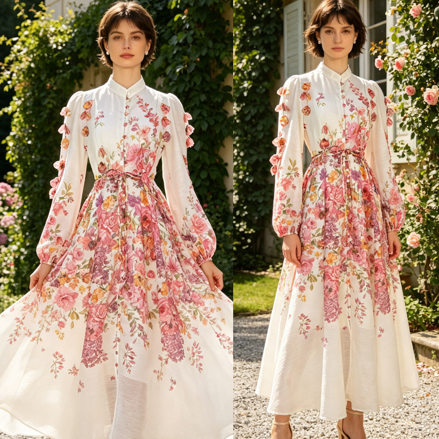 Australian niche 2026 summer elegant stand up collar single breasted heavy industry floral fringe two-piece dress long skirt Australian niche 2026 summer elegant stand up collar single breasted heavy industry floral fringe two-piece dress long skirt