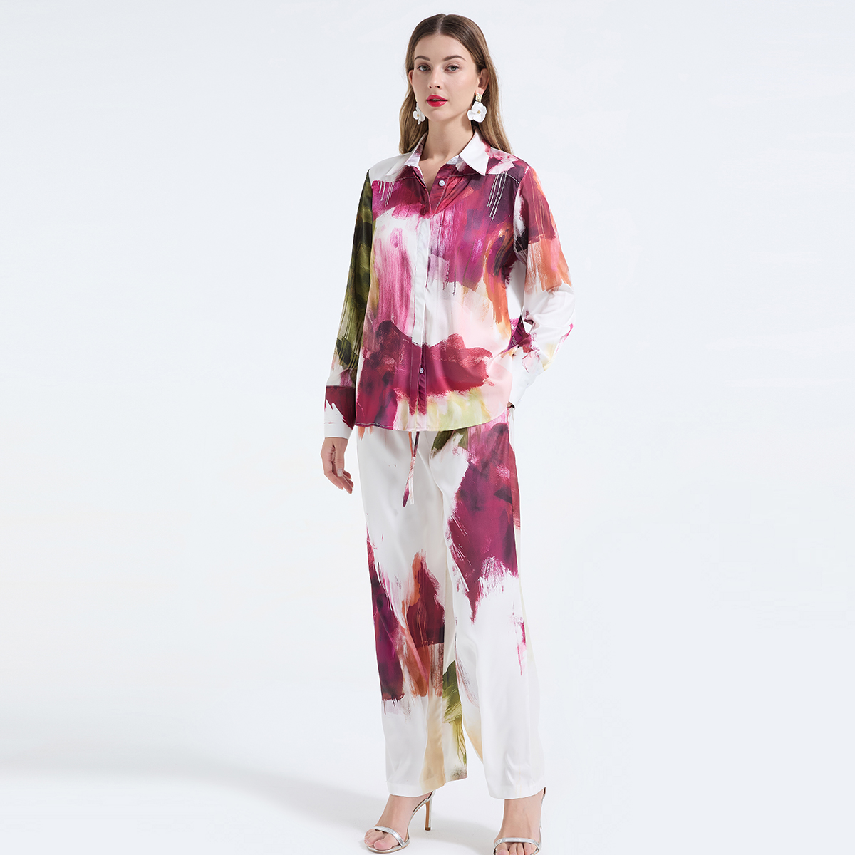Real time shooting of spring and summer blended printed long sleeved loose shirt+loose wide leg pants fashion two-piece set Real time shooting of spring and summer blended printed long sleeved loose shirt+loose wide leg pants fashion two-piece set