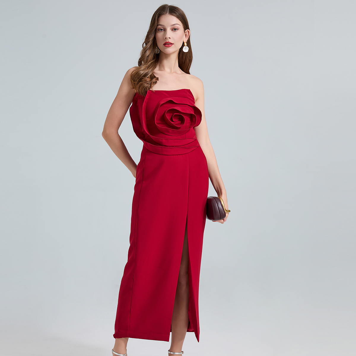 Real shot French romantic rose shaped strapless slim evening dress dress, high waisted banquet dress Real shot French romantic rose shaped strapless slim evening dress dress, high waisted banquet dress