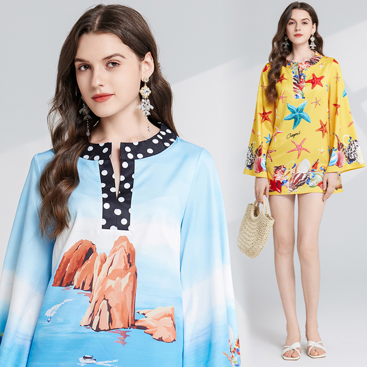 Real shooting positioning: Retro printed round neck slit long sleeved personalized dress, loose short skirt