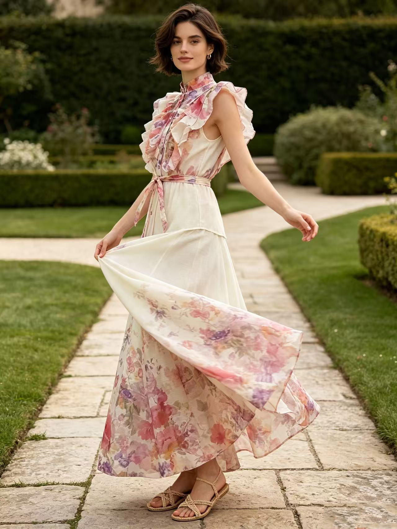 Elegant temperament two-piece dress set from Z Australia, heavy industry flower sleeveless ruffled shirt+high waisted skirt Elegant temperament two-piece dress set from Z Australia, heavy industry flower sleeveless ruffled shirt+high waisted skirt