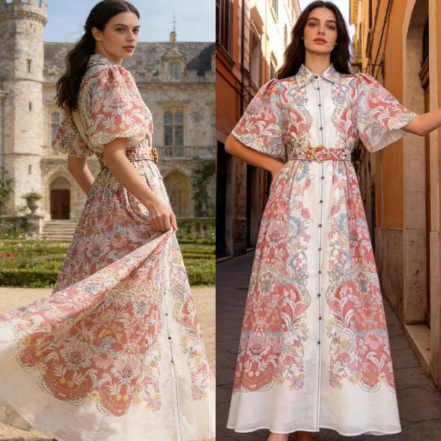 Australian retro printed elegant socialite temperament with a lapel and bubble sleeves, short sleeved summer waist slimming dress, long skirt Australian retro printed elegant socialite temperament with a lapel and bubble sleeves, short sleeved summer waist slimming dress, long skirt