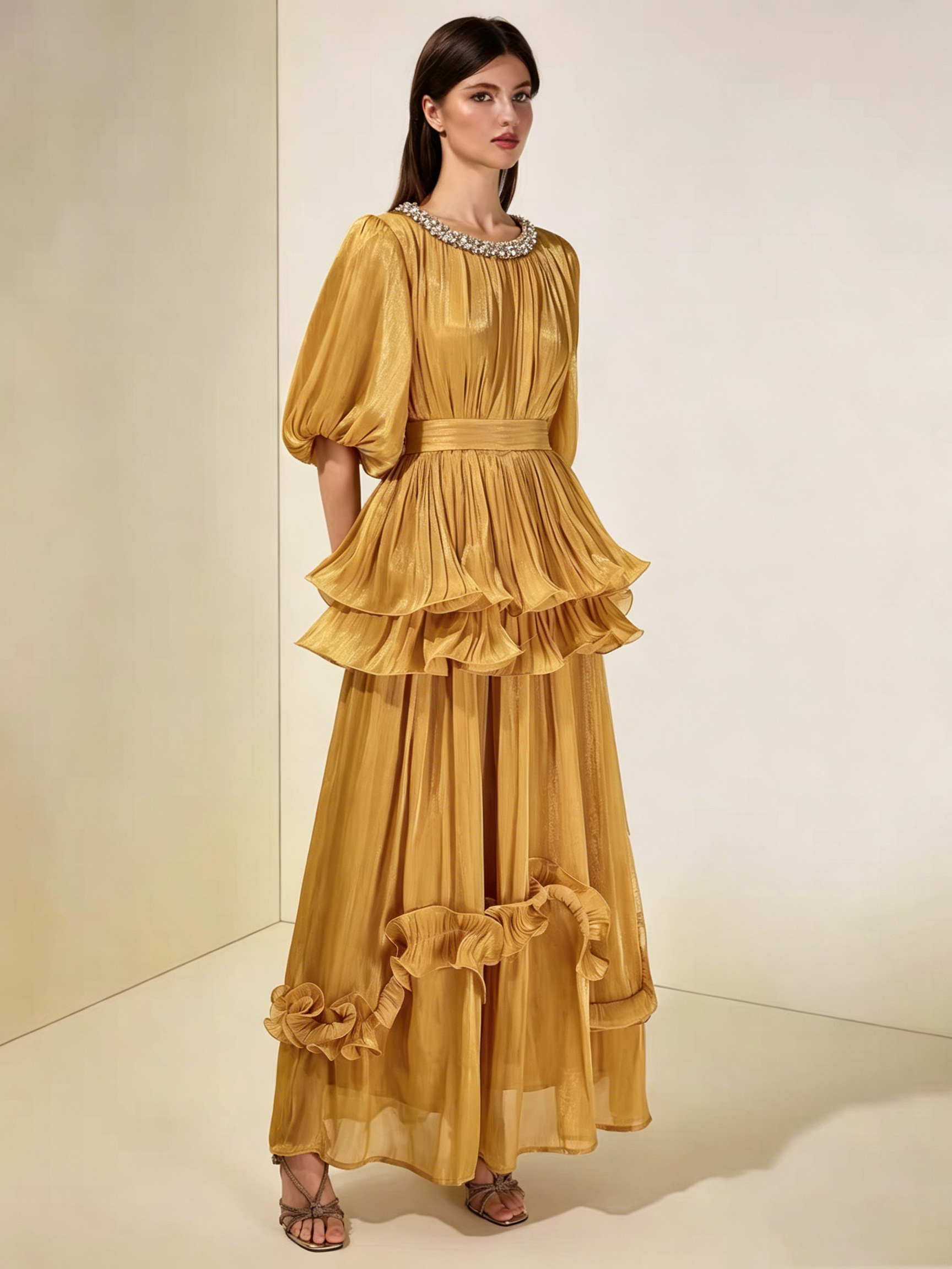 French court style bubble sleeve dress, women's waist cinched, ruffled cake skirt, elegant retro long skirt, formal dress French court style bubble sleeve dress, women's waist cinched, ruffled cake skirt, elegant retro long skirt, formal dress