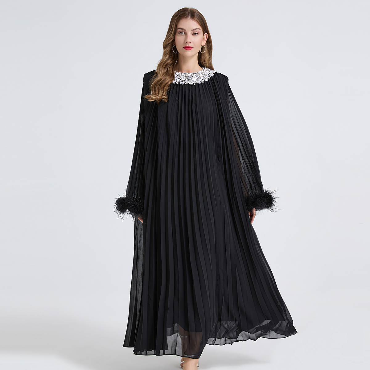 High version super heavy industry nail drill pleated large size oversized swing dress with real ostrich double hair and small waist belt as a gift High version super heavy industry nail drill pleated large size oversized swing dress with real ostrich double hair and small waist belt as a gift